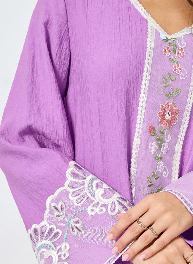 Take Two Textured Embroidery Lace Detail Long Sleeve Jalabiya - Image 3