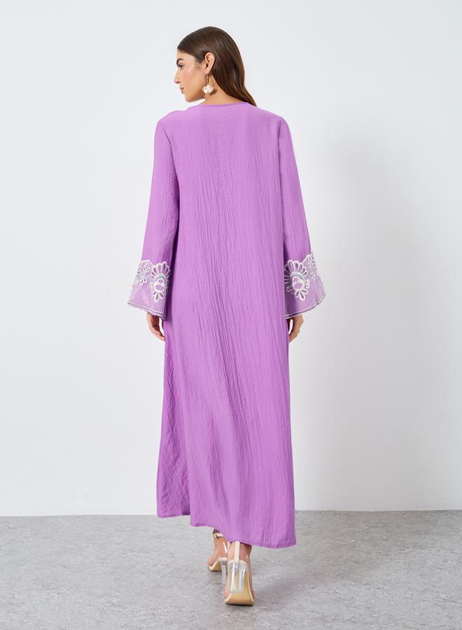 Take Two Textured Embroidery Lace Detail Long Sleeve Jalabiya - Image 4