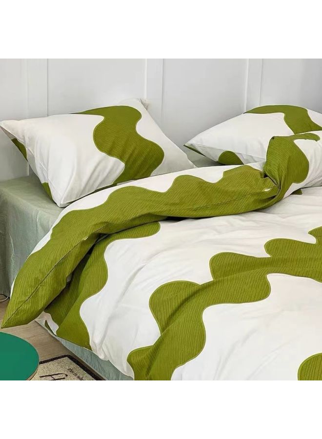طقم لحاف من أربع قطع من Nanjiren من القطن المغسول لسرير سكن الطلاب، طقم لحاف فردي مكون من ثلاث قطع، غطاء لحاف - اللون: أخضر متموج - المواصفات: طقم مكون من ثلاث قطع بطول 1.2 متر [غطاء لحاف 1.5 × 2 متر]] - Image 1