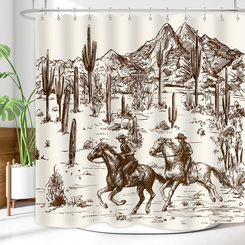 ZXMBF Western Cowboy Shower Curtain Cactus Farmhouse Country American Wild West Cowboy Riding Horse in Desert Hand Drawn Home Bathroom Decor Waterproof Fabric 72Lx72W Inch with 12PCS Hooks - Image 3