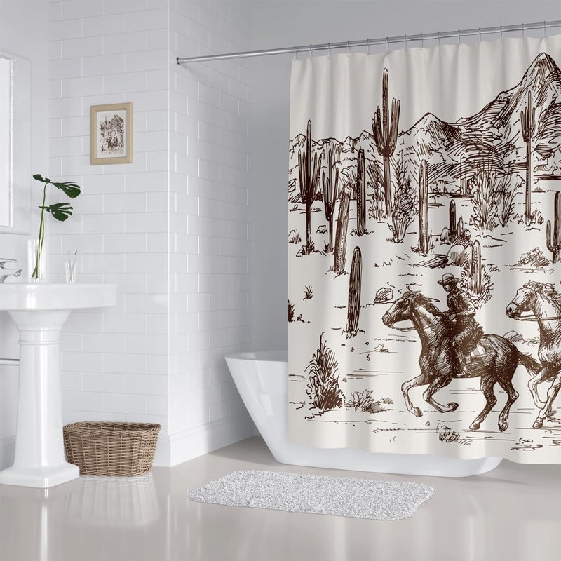 ZXMBF Western Cowboy Shower Curtain Cactus Farmhouse Country American Wild West Cowboy Riding Horse in Desert Hand Drawn Home Bathroom Decor Waterproof Fabric 72Lx72W Inch with 12PCS Hooks - Image 4