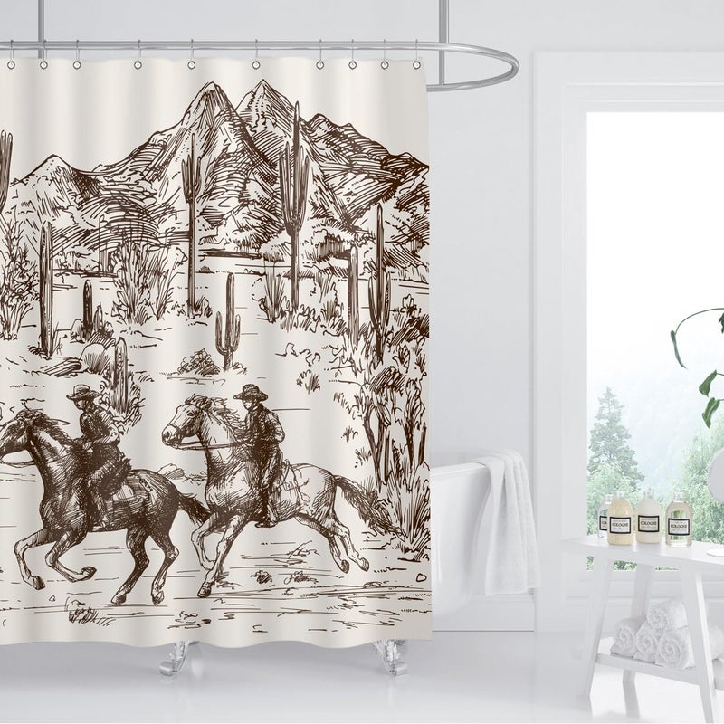 ZXMBF Western Cowboy Shower Curtain Cactus Farmhouse Country American Wild West Cowboy Riding Horse in Desert Hand Drawn Home Bathroom Decor Waterproof Fabric 72Lx72W Inch with 12PCS Hooks - Image 1
