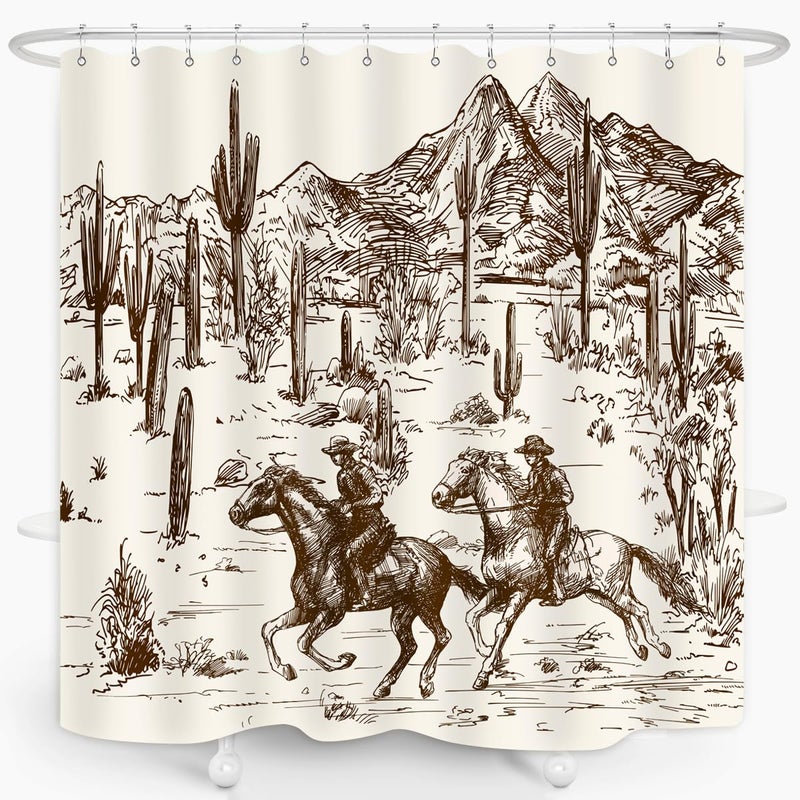ZXMBF Western Cowboy Shower Curtain Cactus Farmhouse Country American Wild West Cowboy Riding Horse in Desert Hand Drawn Home Bathroom Decor Waterproof Fabric 72Lx72W Inch with 12PCS Hooks - Image 2