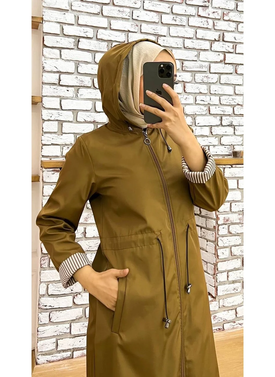 Marjinal City Marginal City Tan Striped and Self-Lined Waterproof Women's Trench Coat