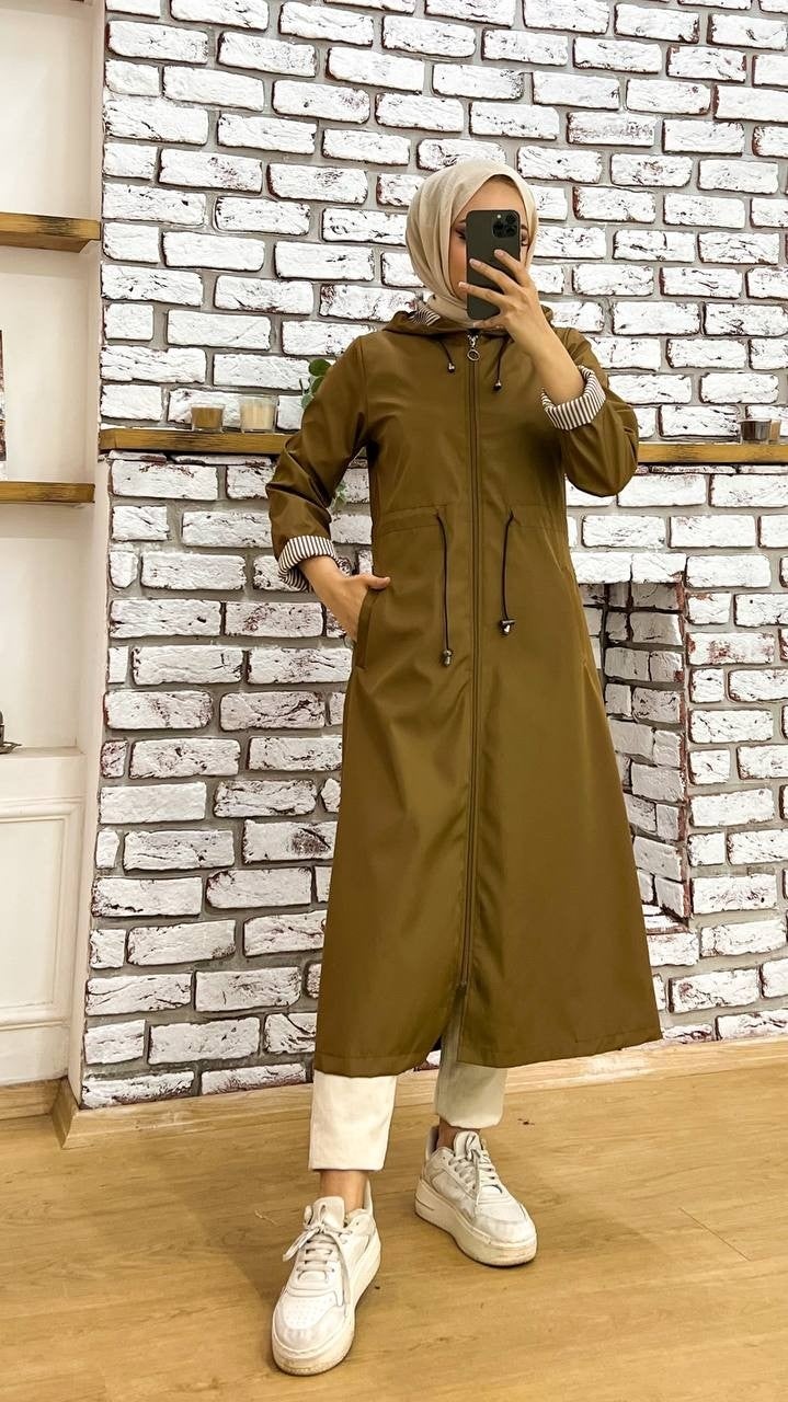 Marjinal City Marginal City Tan Striped and Self-Lined Waterproof Women's Trench Coat - Image 1
