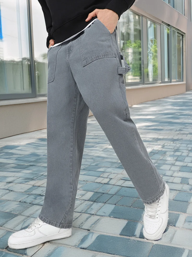 Urbano Fashion Men's Light Grey Loose Fit Cargo Carpenter Jeans With 6 Pockets Non-Stretchable