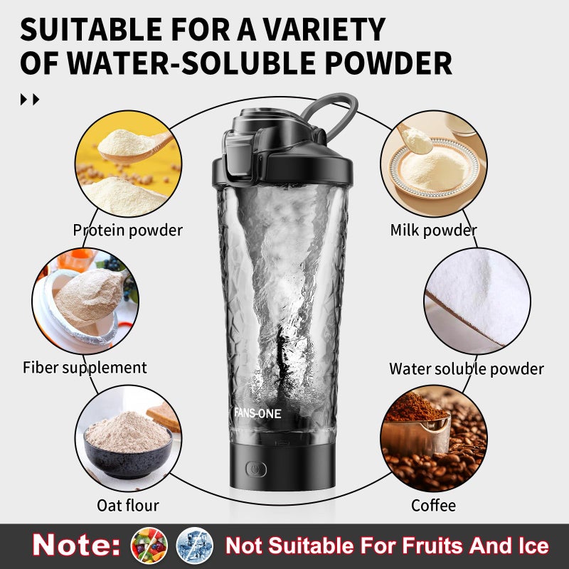 FANS-ONE Premium Electric Protein Shaker Bottle, 24 oz Lockable Blender Shaker Bottles, Made with Tritan, BPA Free, USB Rechargeable Mixer Blender Cup for Protein Shakes, Black - Image 2