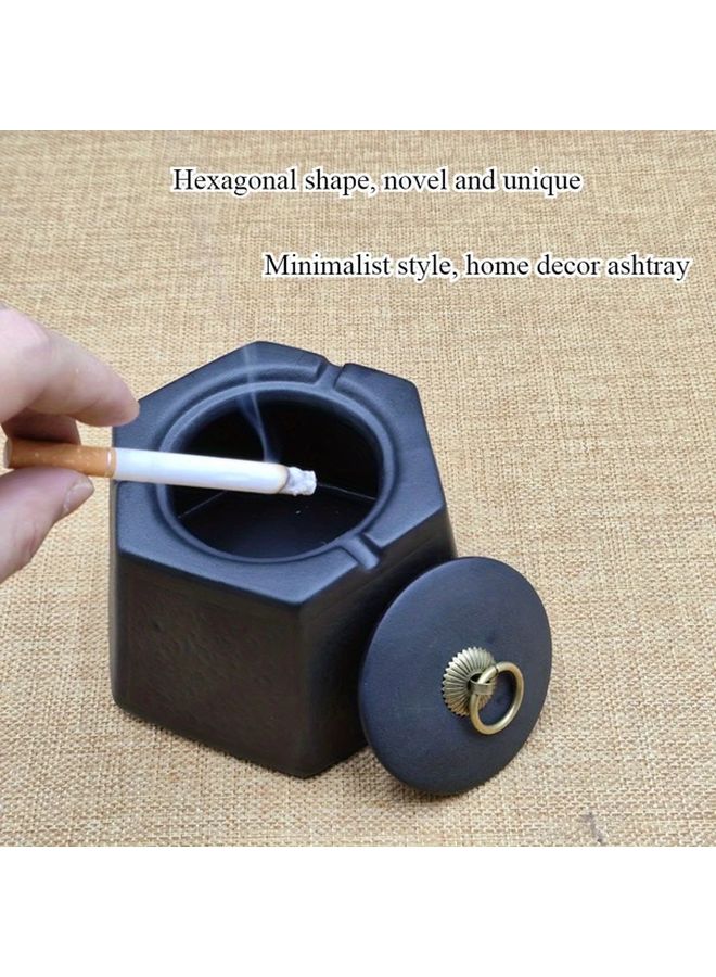 Black Hexagonal Ceramic Ashtray With Metal Buckle High End Modern - Image 1