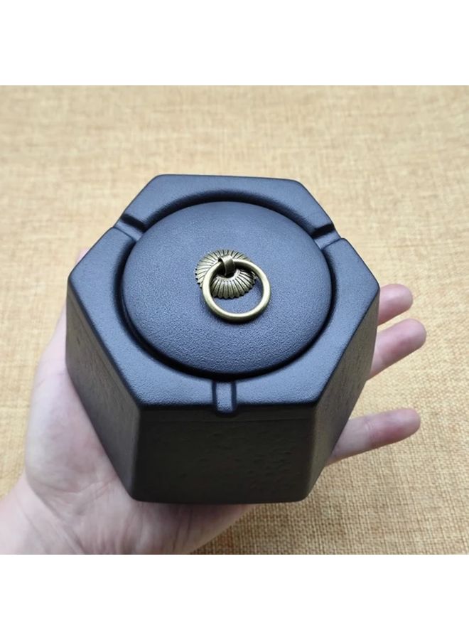 Black Hexagonal Ceramic Ashtray With Metal Buckle High End Modern - Image 3