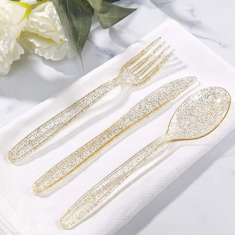 WDF 360 Plastic Silverware - Disposable Cutlery - Gold Glitter Plastic: 120 Forks  120 Spoons  120 Knives for Wedding/Party - Image 4