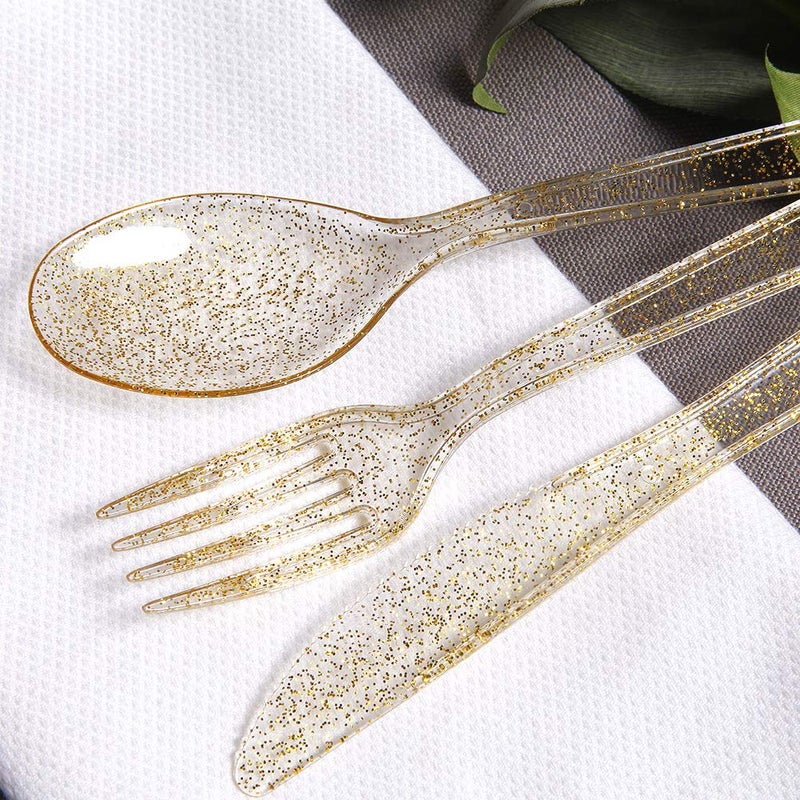 WDF 360 Plastic Silverware - Disposable Cutlery - Gold Glitter Plastic: 120 Forks  120 Spoons  120 Knives for Wedding/Party - Image 3