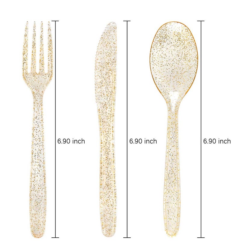 WDF 360 Plastic Silverware - Disposable Cutlery - Gold Glitter Plastic: 120 Forks  120 Spoons  120 Knives for Wedding/Party - Image 2