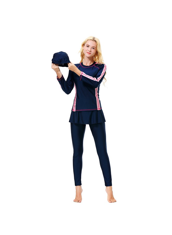 Hanyimidoo Women's Conservative Split Swimsuit Muslim Modest Sun Protection Dark Blue Skirt Suit - Image 1