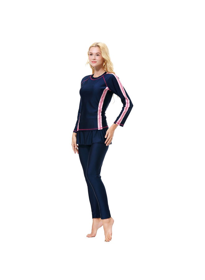 Hanyimidoo Women's Conservative Split Swimsuit Muslim Modest Sun Protection Dark Blue Skirt Suit - Image 3