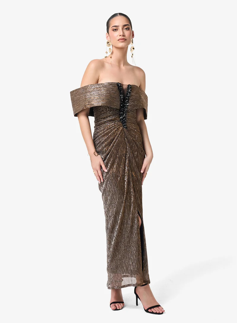 Threadz by Ajooni  Shimmer Off Shoulder Maxi Dress for Women | Best Price UAE