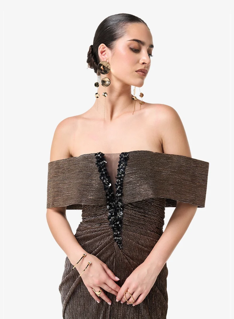 Threadz By Ajooni  Shimmer Off Shoulder Maxi Dress for Women | Best Price UAE