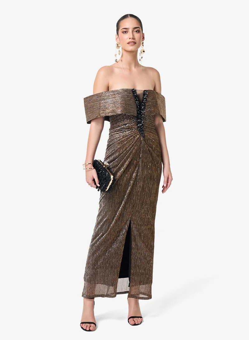 Threadz by Ajooni Shimmer Off Shoulder Maxi Dress