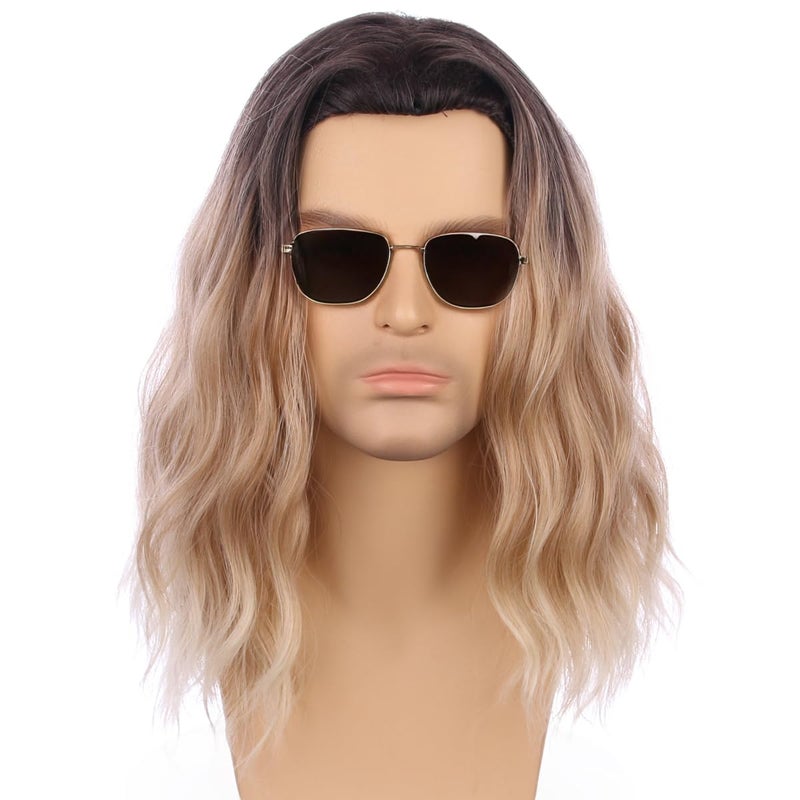 Mens Ombre Blonde Wig Long Curly Wavy Middle Length Hair Wig Golden Blonde Halloween Cosplay Costume Party Wigs