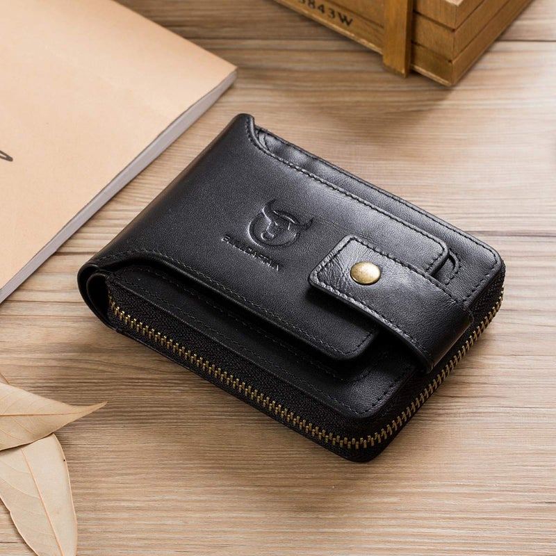 BULLCAPTAIN Genuine Leather Wallet for Men Large Capacity ID Window Card Case with Zip Coin Pocket QB-231 (Black) - Image 2