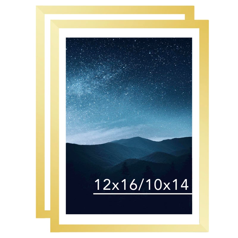 JCJMY 12x16 Picture Frame Set of 2 Gold With 10x14 Mat for 30 x 40cm Diamond Art Painting Display Photo 10x14 or 12 x 16 Without Mat Wall Hanging Large Frame 2 Pack