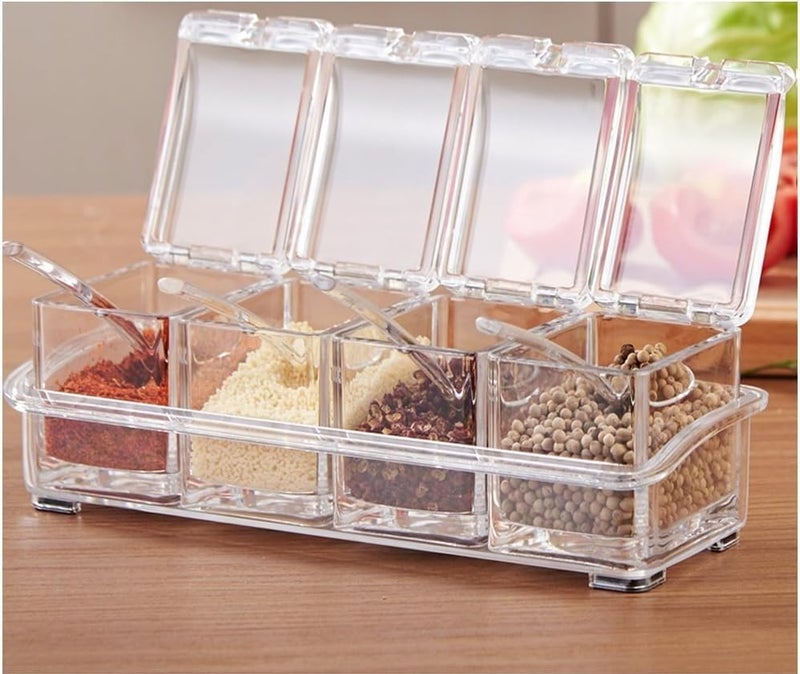 MVM Enterprise MVM Enterprise Clear Seasoning Box 4 Pieces Seasoning Rack Spice Pot Storage Container Condiment Jars Acrylic Seasoning Box with Covers and Spoons for Spice Sugar Salt Sugar Cardamon pack of 1  - Image 1