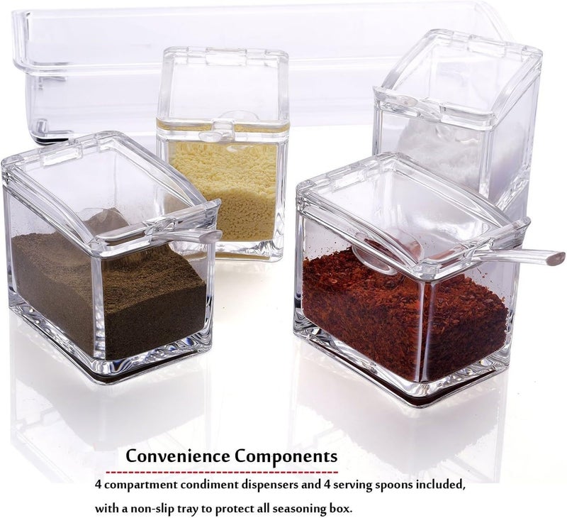 MVM Enterprise MVM Enterprise Clear Seasoning Box 4 Pieces Seasoning Rack Spice Pot Storage Container Condiment Jars Acrylic Seasoning Box with Covers and Spoons for Spice Sugar Salt Sugar Cardamon pack of 1  - Image 5