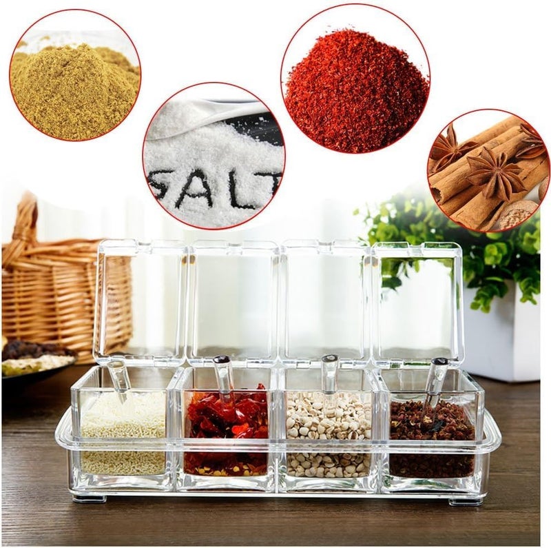 MVM Enterprise MVM Enterprise Clear Seasoning Box 4 Pieces Seasoning Rack Spice Pot Storage Container Condiment Jars Acrylic Seasoning Box with Covers and Spoons for Spice Sugar Salt Sugar Cardamon pack of 1  - Image 3