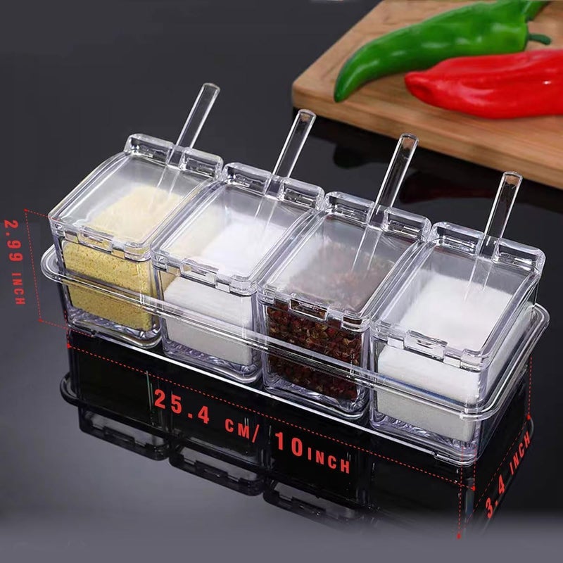 MVM Enterprise MVM Enterprise Clear Seasoning Box 4 Pieces Seasoning Rack Spice Pot Storage Container Condiment Jars Acrylic Seasoning Box with Covers and Spoons for Spice Sugar Salt Sugar Cardamon pack of 1  - Image 2
