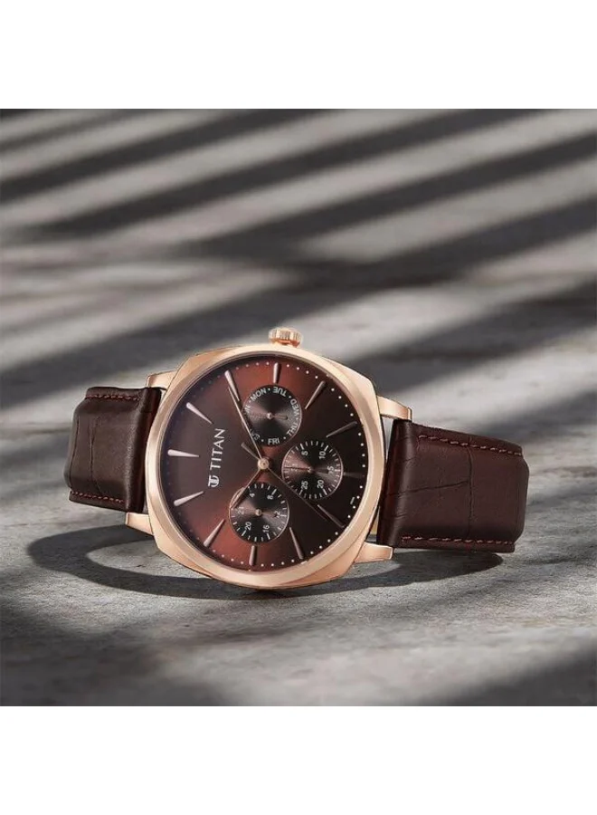 تيتان Classique Suave Quartz Multifunction Brown Dial Brown Leather Strap Watch for Men - 90189WL01