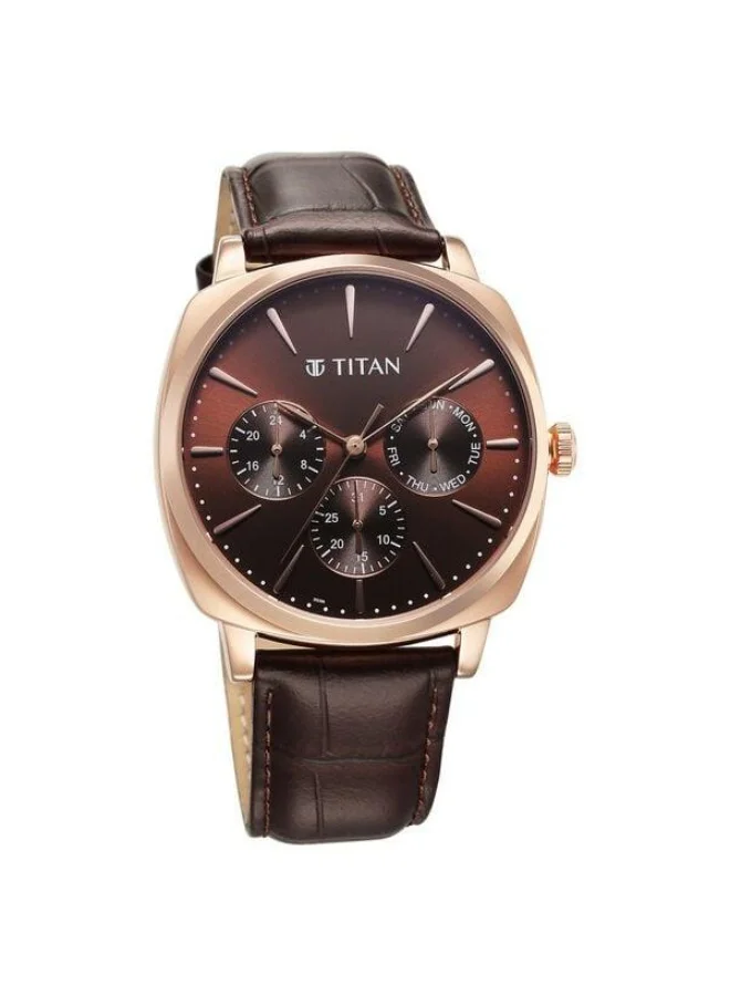 تيتان Classique Suave Quartz Multifunction Brown Dial Brown Leather Strap Watch for Men - 90189WL01