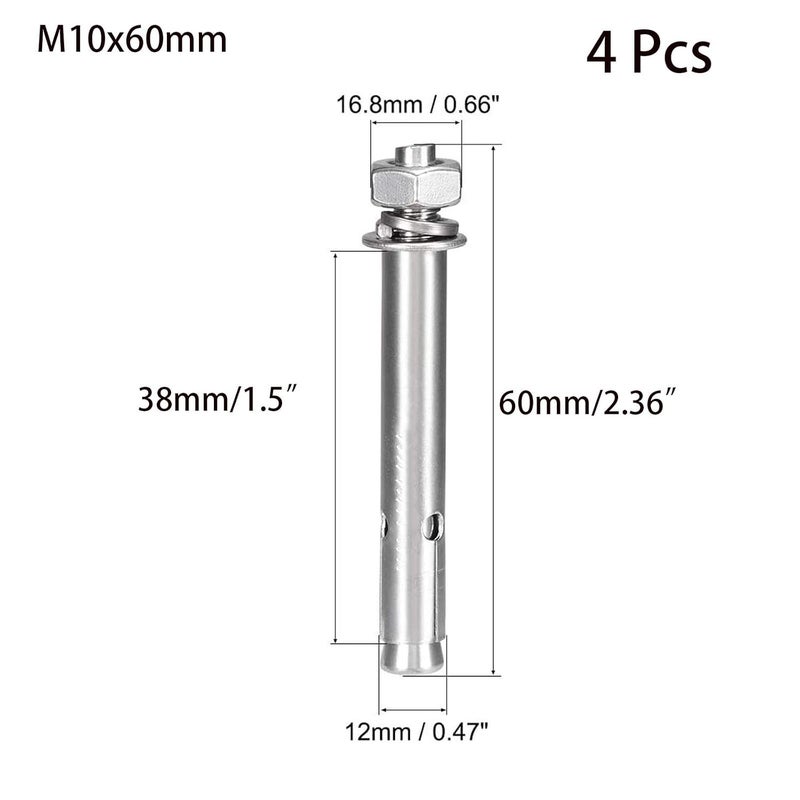 SDY 4 Pcs M10 x 60mm 304 Stainless Steel Expansion Bolt External Hex Expansion Screw Bolt Sleeve Anchor，Pool Safety Cover Expansion Bolts，for Concrete - Image 2