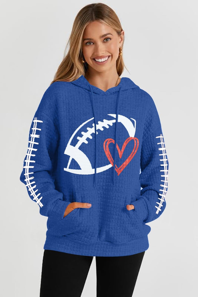 VILOVE Game Day Hooded Sweatshirt Women: Funny Football Graphic Sweatshirt Waffle Knit Game Day Pullover Hoodies Long Sleeve Royal Blue - Image 4