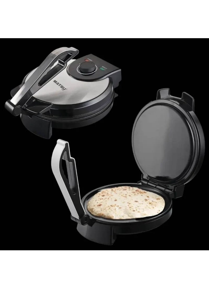 MATSU 10-Inch Electric Roti Maker – 1200W Non-Stick Flatbread Maker for Chapati, Roti, Paratha & Tortilla – Stainless Steel Body – Adjustable Temperature Control – Dual Indicator Lights – Cool-Touch Handle – Safety Lock – 220-240V Home Kitchen Appliance for UAE