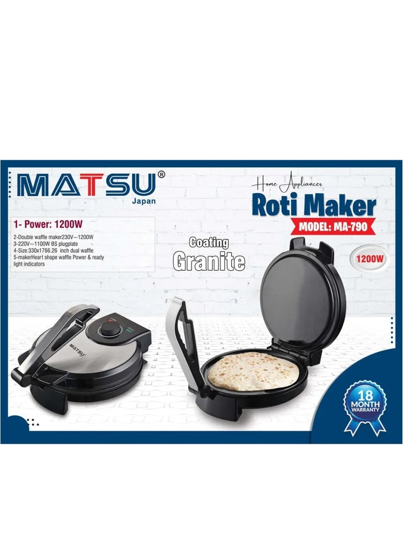 MATSU 10-Inch Electric Roti Maker – 1200W Non-Stick Flatbread Maker for Chapati, Roti, Paratha & Tortilla – Stainless Steel Body – Adjustable Temperature Control – Dual Indicator Lights – Cool-Touch Handle – Safety Lock – 220-240V Home Kitchen Appliance for UAE