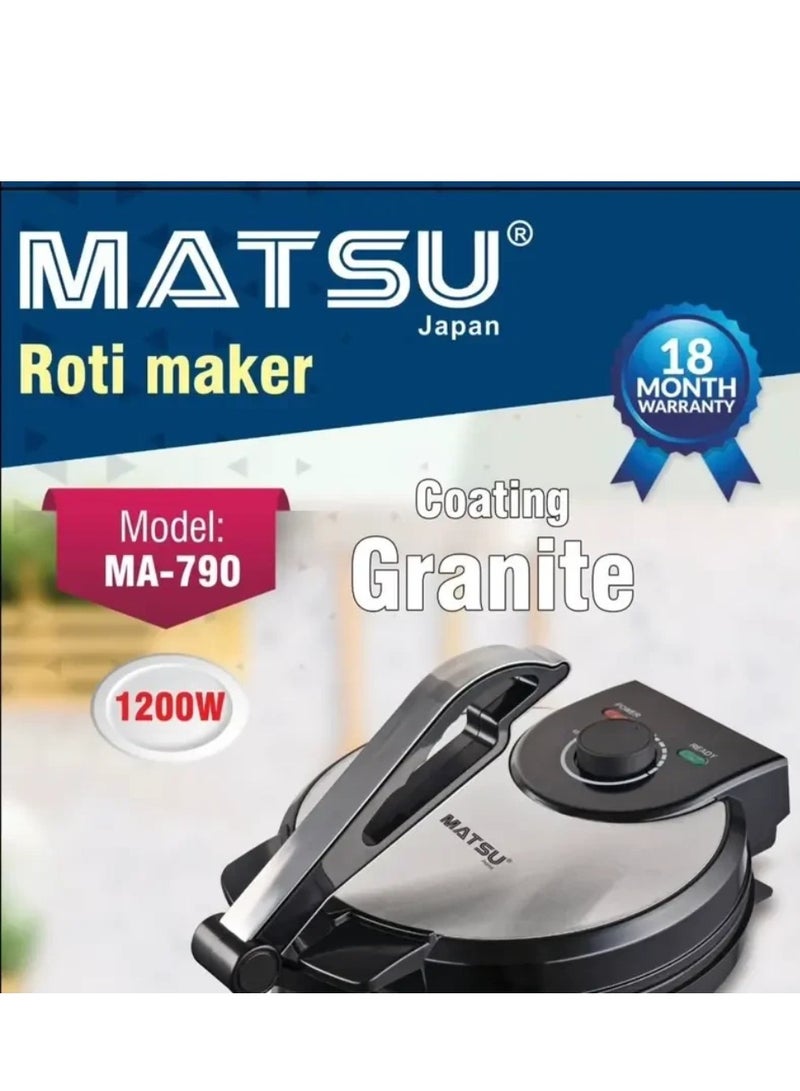 MATSU 10-Inch Electric Roti Maker – 1200W Non-Stick Flatbread Maker for Chapati, Roti, Paratha & Tortilla – Stainless Steel Body – Adjustable Temperature Control – Dual Indicator Lights – Cool-Touch Handle – Safety Lock – 220-240V Home Kitchen Appliance for UAE