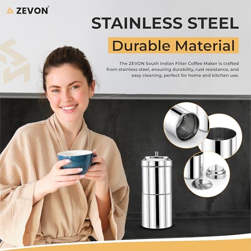 ZEVON® Filter Coffee Maker-200ml (Primium) | South Indian Filter Coffee Maker with 304 Grade Stainless Steel Madras Kaapi/Kappi Drip Decoction Coffee Brewer, Medium Size for 2-4 Cups, Home & Kitchen - Image 2