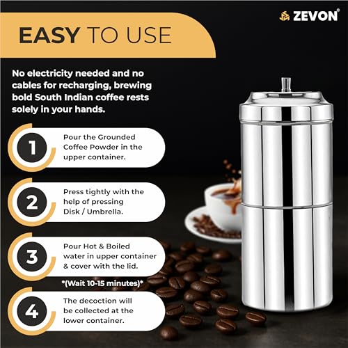 ZEVON® Filter Coffee Maker-200ml (Primium) | South Indian Filter Coffee Maker with 304 Grade Stainless Steel Madras Kaapi/Kappi Drip Decoction Coffee Brewer, Medium Size for 2-4 Cups, Home & Kitchen - Image 4