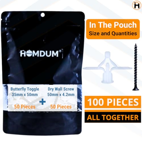 Homdum Toggle Drywall anchor - Butterfly Nylon Plug Size 10 x 35 mm 50 nos with Drywall screw 50 nos total items100 nos. - Image 2
