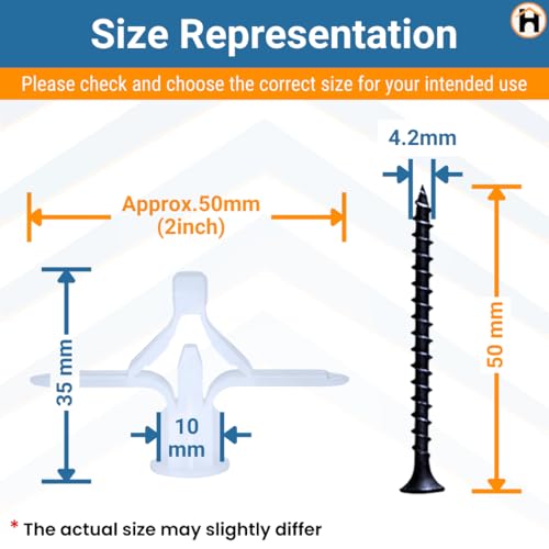 Homdum Toggle Drywall anchor - Butterfly Nylon Plug Size 10 x 35 mm 50 nos with Drywall screw 50 nos total items100 nos. - Image 4