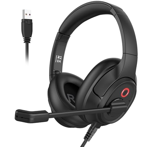 EKSA Headset with Microphone for PC, USB Computer Headsets AI-Powered Environmental Noise Cancelling Headphone with Busylight, Mic Mute Boom & Volume Control, Wired Over-Ear Headset for Laptop/Work/Office - Image 1