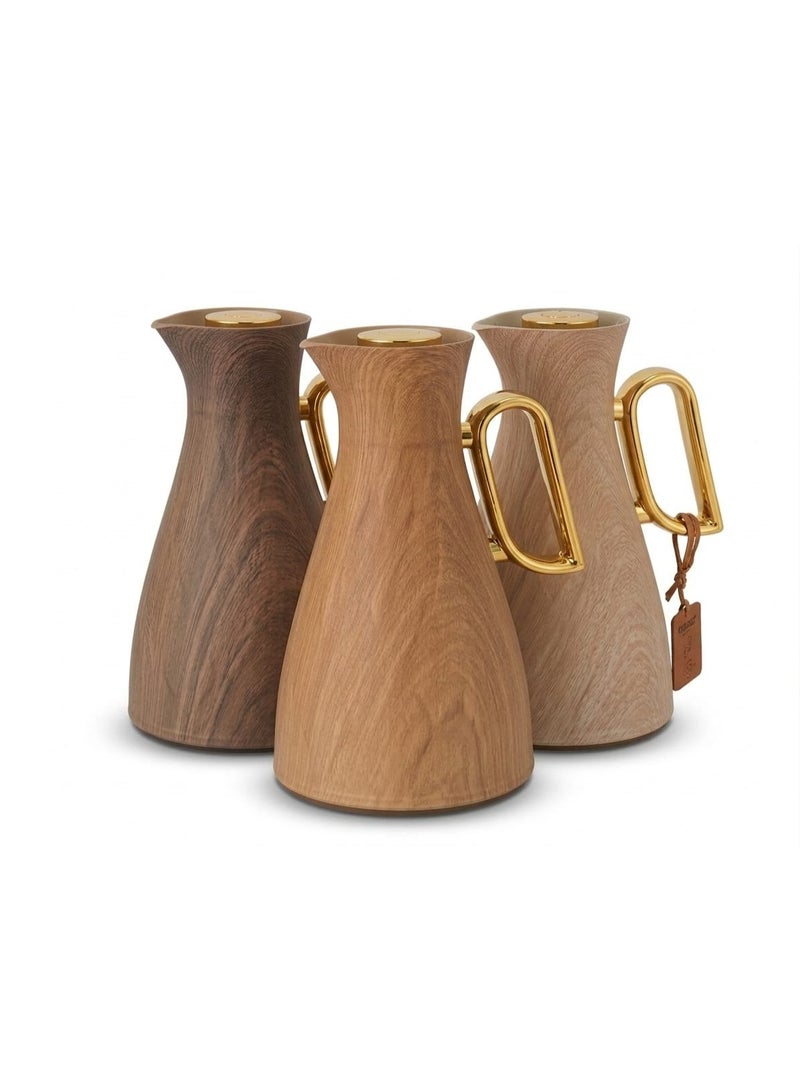 Germax Vacuum Flask Thermos with Medium-Wood Finish and Gold Handle - 1.0L Insulated Dallah for Tea & Coffee - Image 1