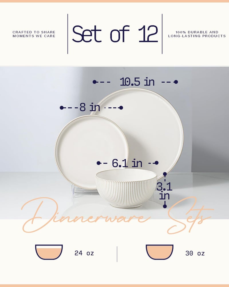 Getstar Dinnerware Sets, Plates and Bowls Sets (10.5â€ Dish + 8â€ Dish + 6â€ Bowl) for 4, Microwave and Dishwasher Safe, Ceramic Dinnerware Set (12 Piece) - Image 4