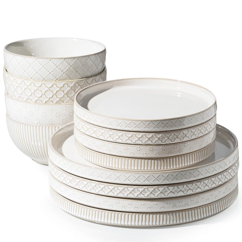 Getstar Dinnerware Sets, Plates and Bowls Sets (10.5â€ Dish + 8â€ Dish + 6â€ Bowl) for 4, Microwave and Dishwasher Safe, Ceramic Dinnerware Set (12 Piece) - Image 1
