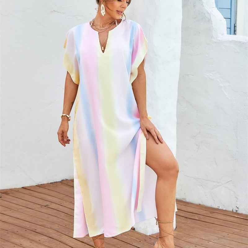 Beach Blouse Rainbow Long Beach Sunscreen dress Side Split V-Neck Beach Dress - Image 2