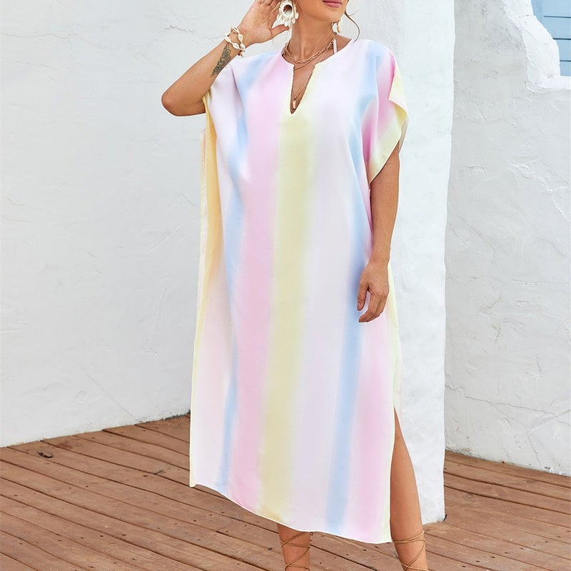 Beach Blouse Rainbow Long Beach Sunscreen dress Side Split V-Neck Beach Dress - Image 4