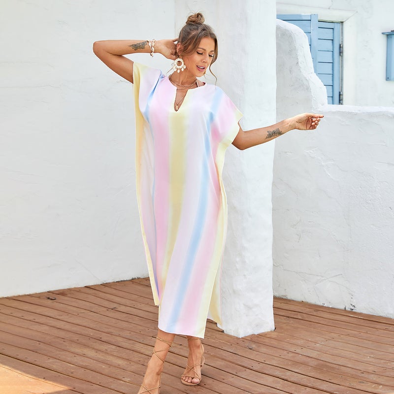Beach Blouse Rainbow Long Beach Sunscreen dress Side Split V-Neck Beach Dress - Image 3