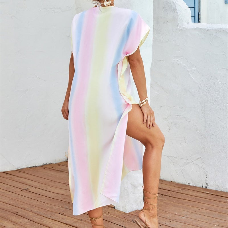 Beach Blouse Rainbow Long Beach Sunscreen dress Side Split V-Neck Beach Dress - Image 5