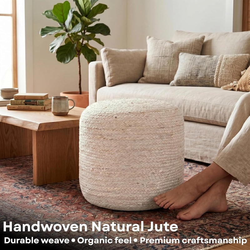 Palisa Jute Pouf Ottoman - Ivory, Boho Foot Rest Stool with Filler for Sofa, Kids Bedroom, Living Room, Outdoor Seat | Hand Woven Comfy Décor Chair Pouffs - 16x16x18 Inches - Image 5
