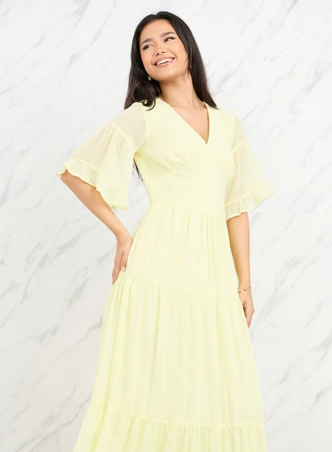 Styli Gathered Detail Sheer Sleeves Tiered Maxi Dress