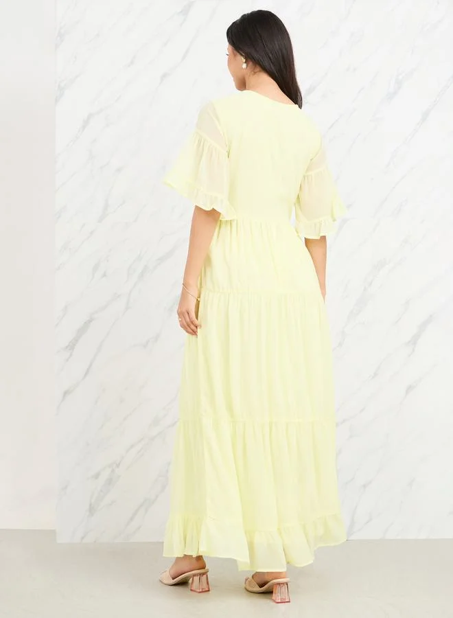 Styli Gathered Detail Sheer Sleeves Tiered Maxi Dress